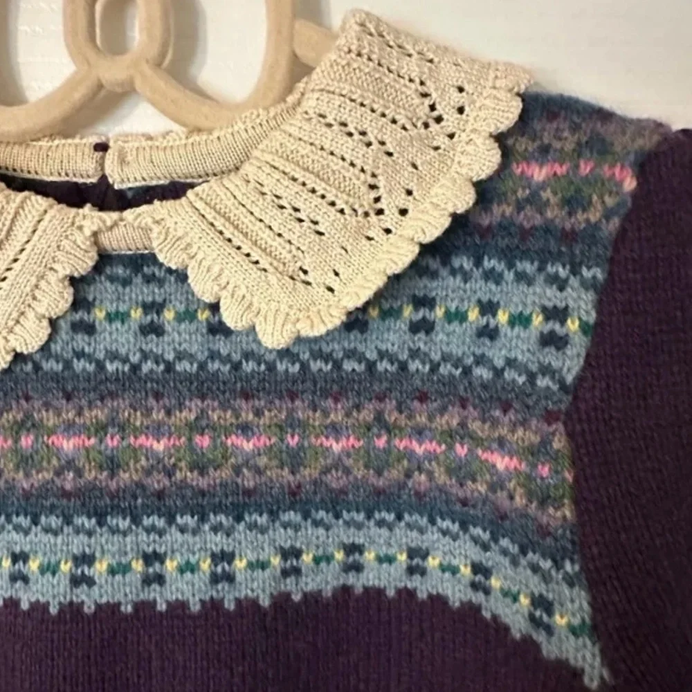 Ralph Lauren Purple Fair Isle Sweater with Cream Lace Collar